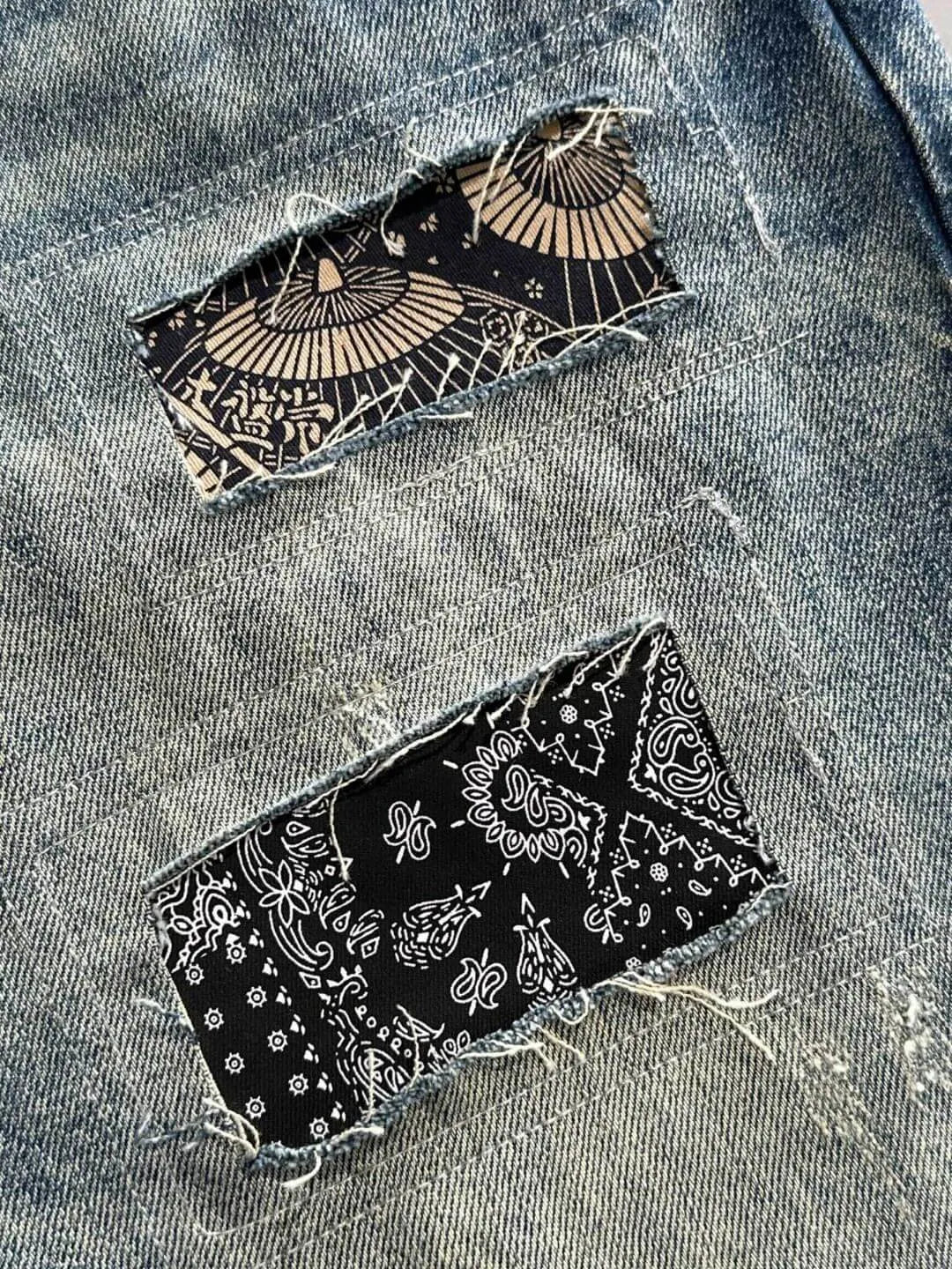 Ethnic Patchwork Decor Denim Shorts