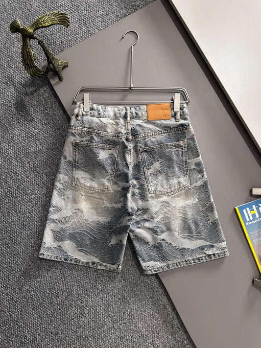 Wave Jacquard Washed Denim Shorts