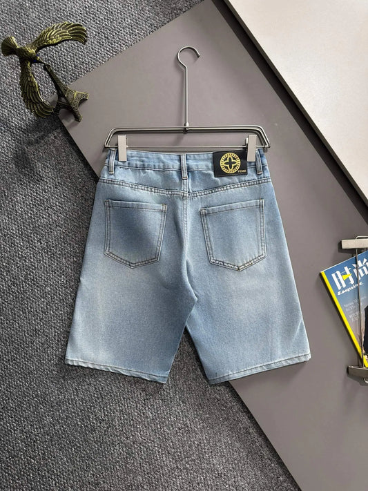 Side Jacquard Panel Denim Shorts