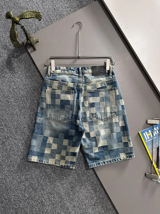 Plaid Checkered Jacquard Denim Shorts