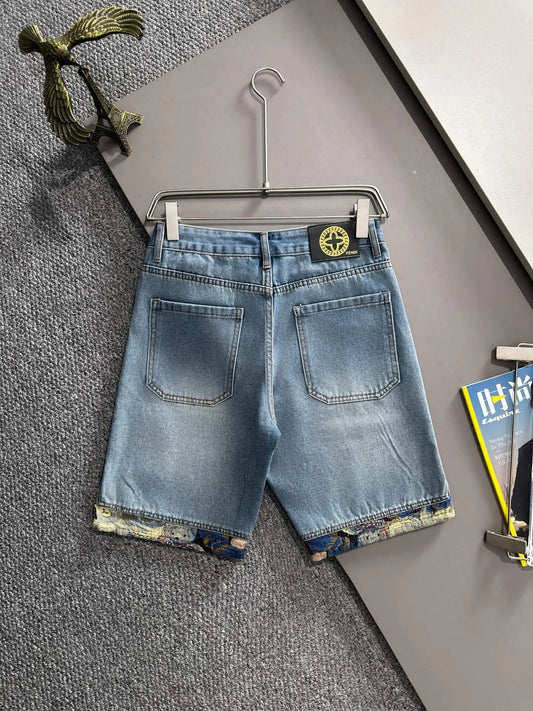 Patchwork Trim Distressed Denim Shorts
