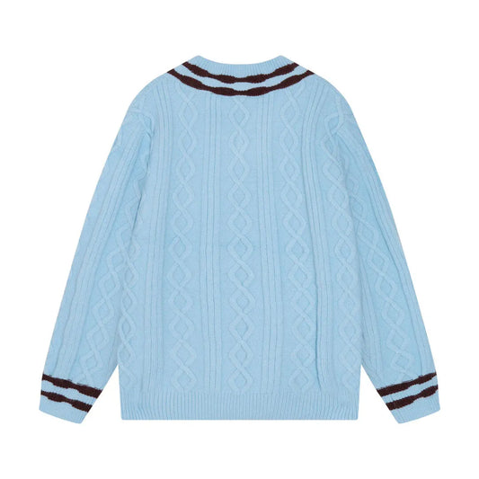 Cable‑Knit V‑Neck Striped Sweater