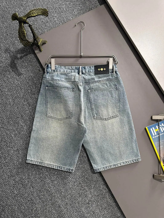 Star Cross Embroidered Distressed Denim Shorts
