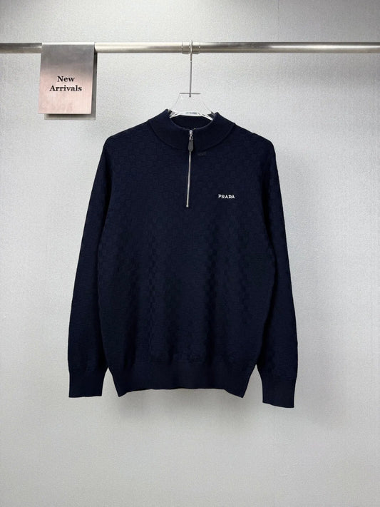 Embroidery Checker Half Zip Knit Sweater
