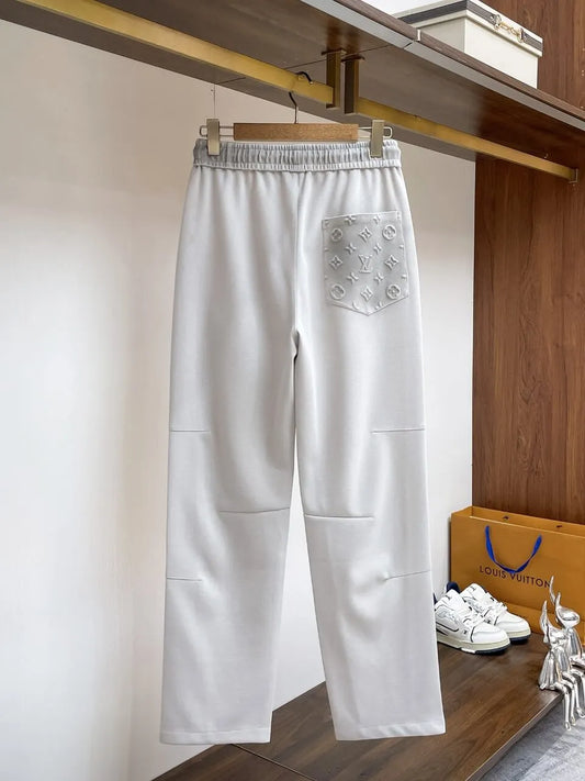 Embossed Monogram Patch Pocket Straight‑Leg Pants