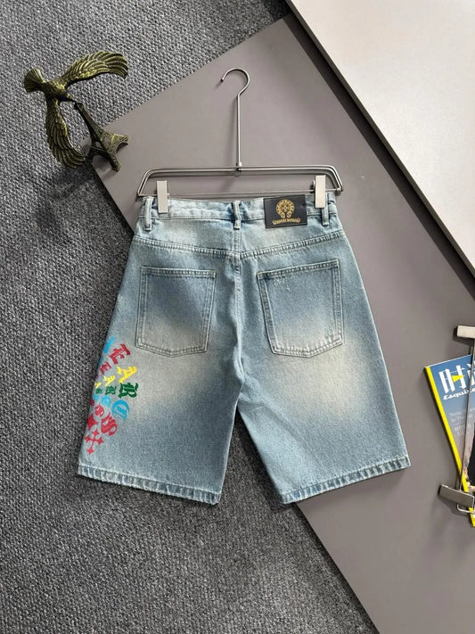 Colorful Cross Print Washed Denim Shorts