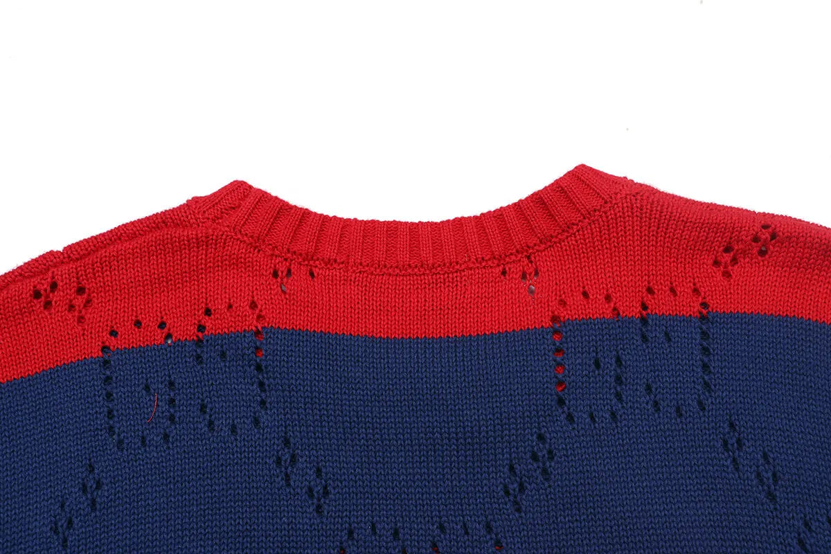 Red & Navy Stripe Crew Neck Knit Sweater