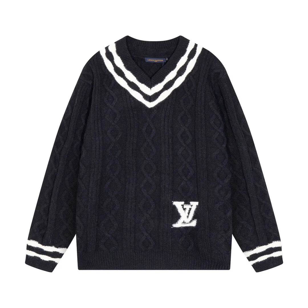 Cable‑Knit V‑Neck Striped Sweater