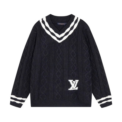 Cable‑Knit V‑Neck Striped Sweater
