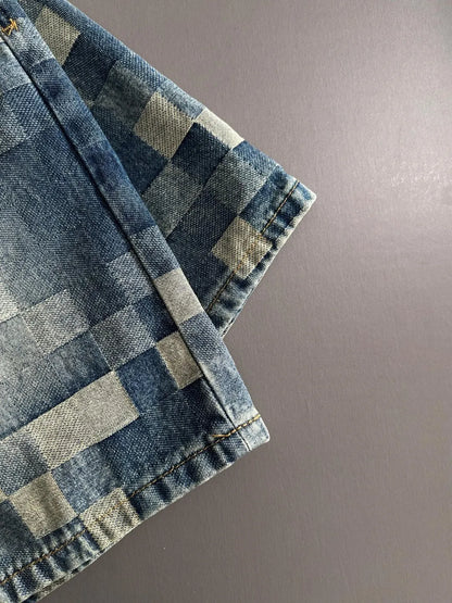 Plaid Checkered Jacquard Denim Shorts
