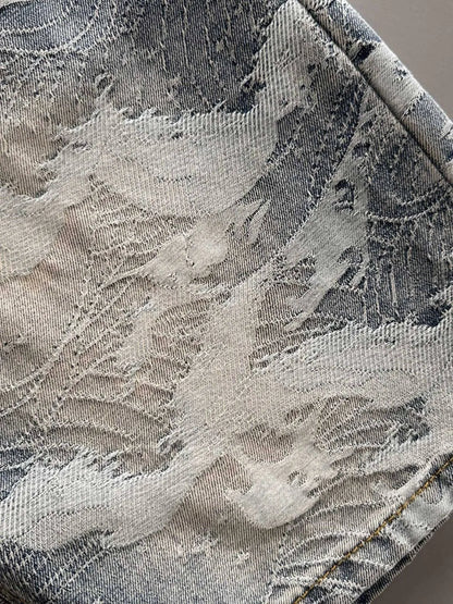 Wave Jacquard Washed Denim Shorts