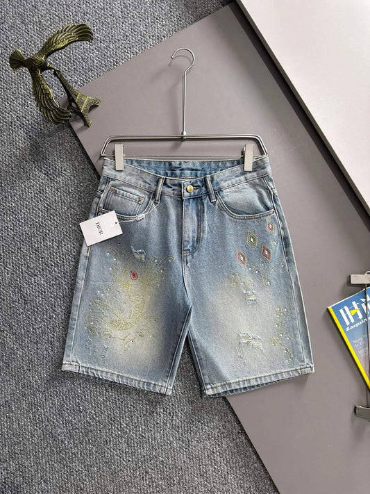 Dragon Embroidery Rhinestone Denim Shorts