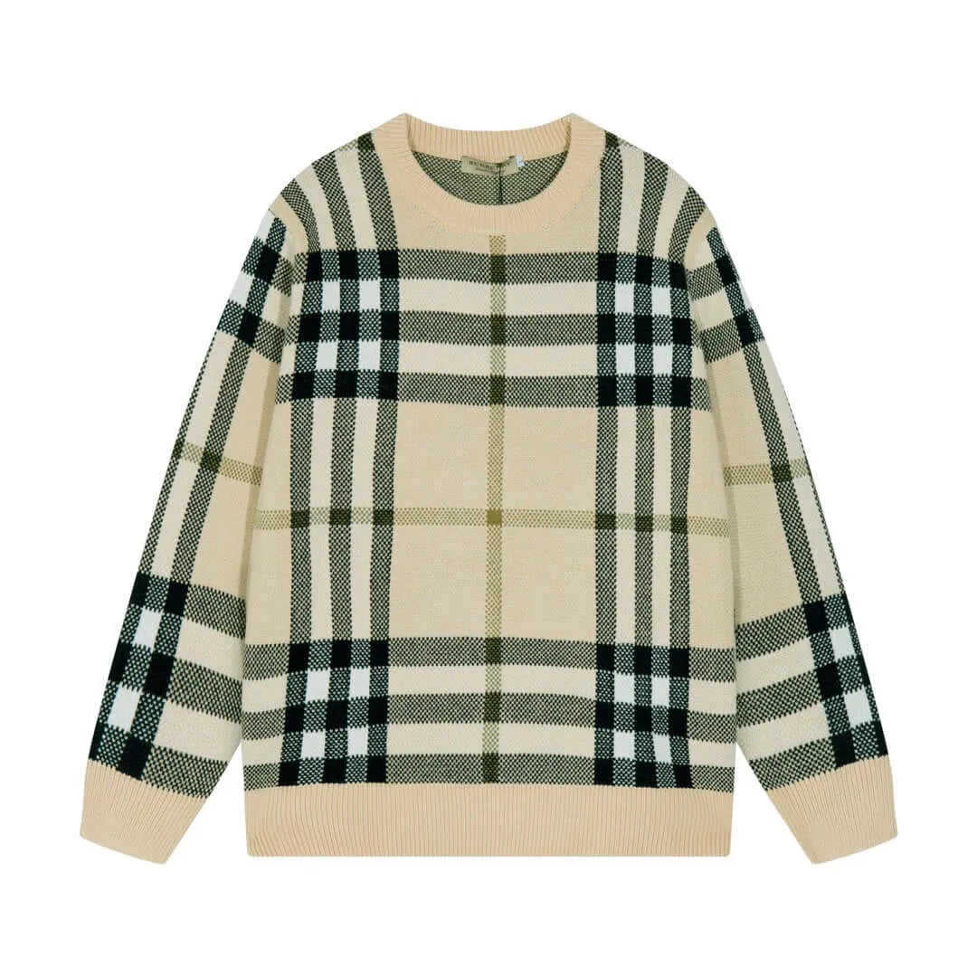 Beige Plaid Crewneck Sweater