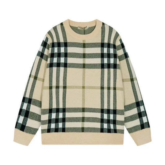 Beige Plaid Crewneck Sweater