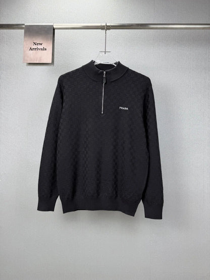 Embroidery  Checker Half Zip Knit Sweater