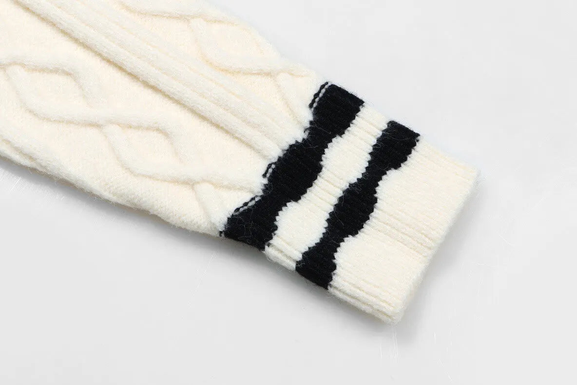 Cable‑Knit V‑Neck Striped Sweater