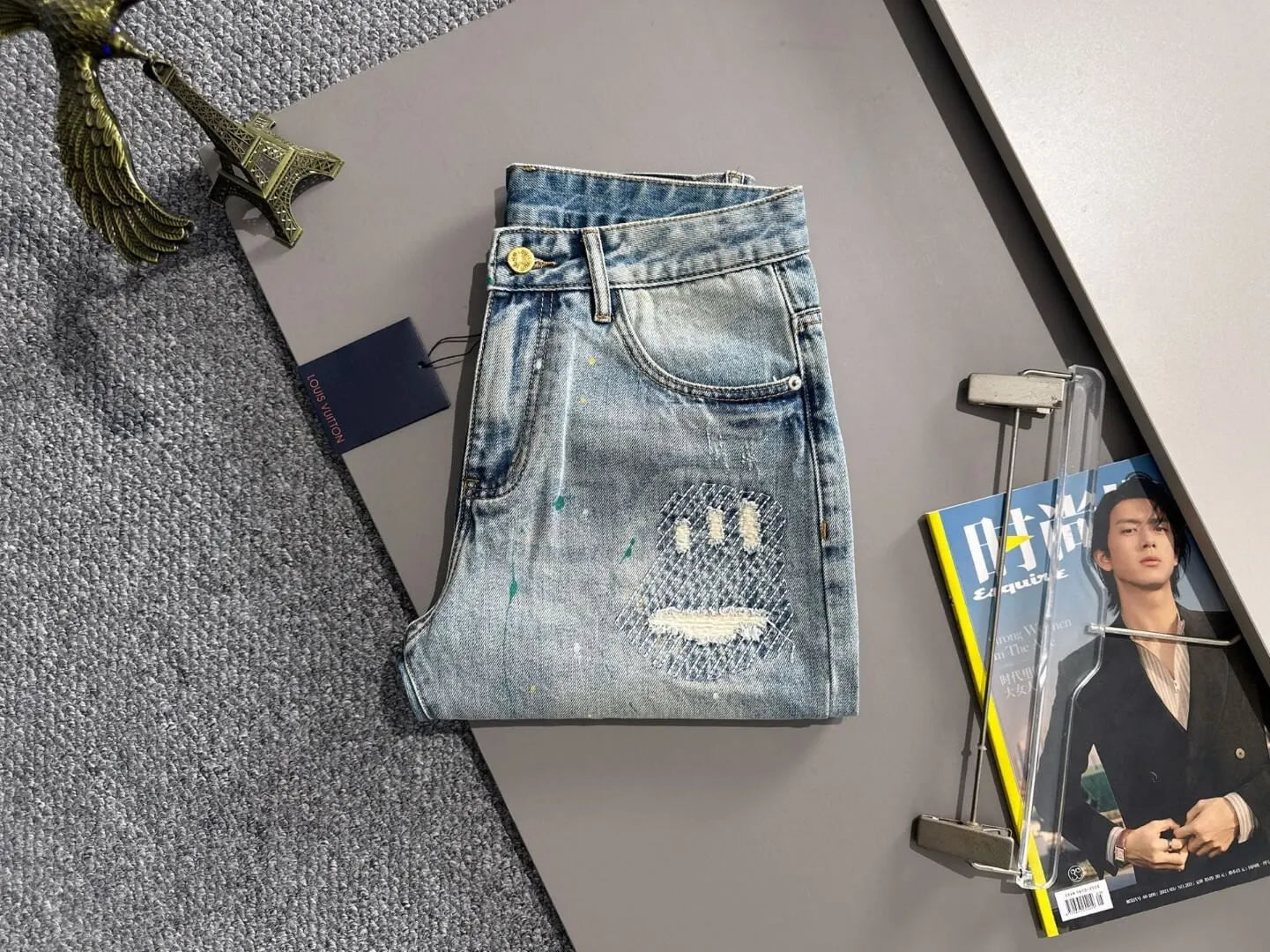 Paint‑Splatter Repair Patch Denim Shorts