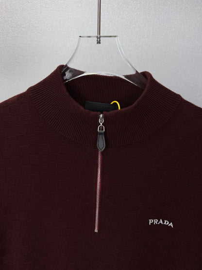 Embroidery  Checker Half Zip Knit Sweater