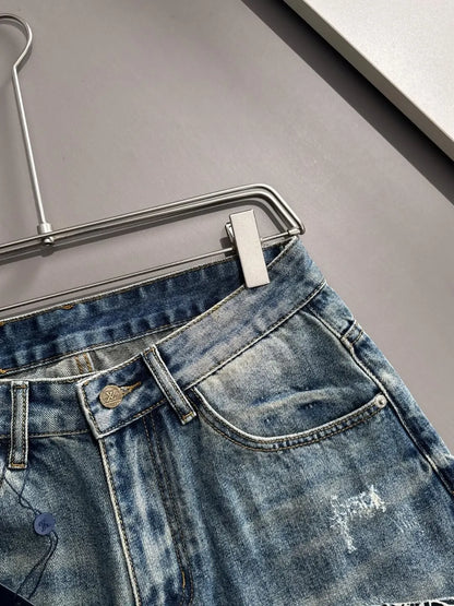 Smiley Patchwork Ripped Denim Shorts