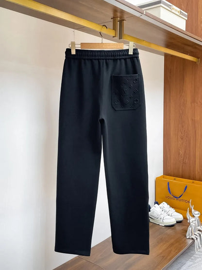 Embossed Monogram Patch Pocket Wide‑Leg Pants