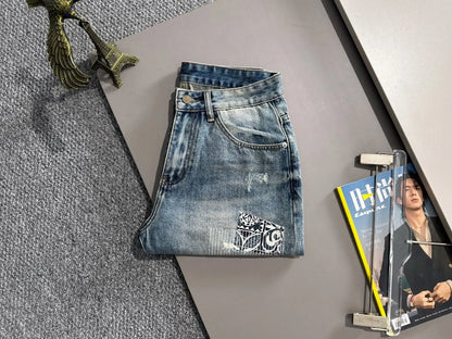 Smiley Patchwork Ripped Denim Shorts