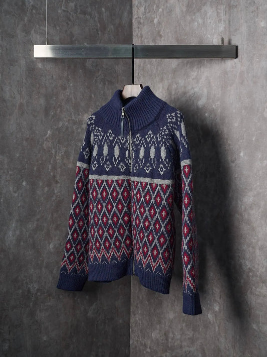 Geometric Jacquard Diamond Zip‑Up Sweater Jacket