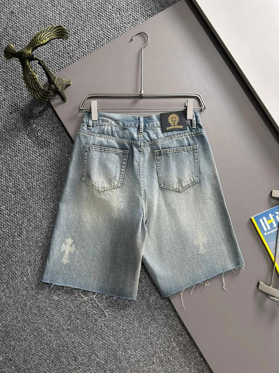 Cross Print Distressed Denim Shorts