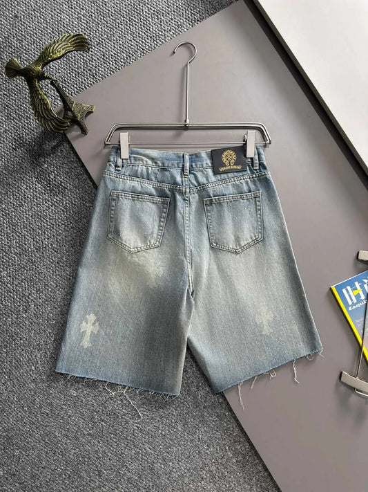 Cross Print Distressed Denim Shorts