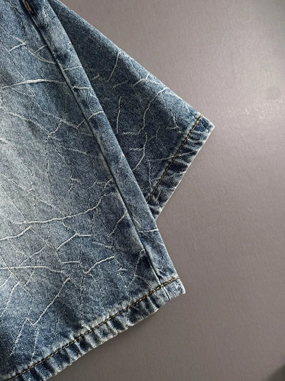 Cracked Texture Washed Denim Shorts
