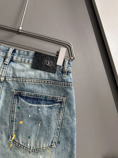 Paint‑Splatter Repair Patch Denim Shorts