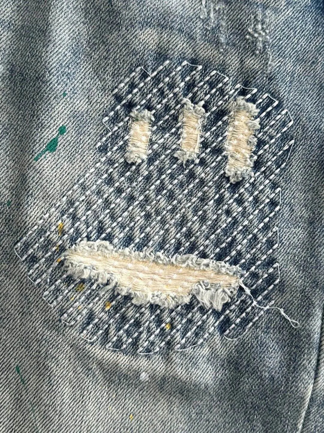 Paint‑Splatter Repair Patch Denim Shorts