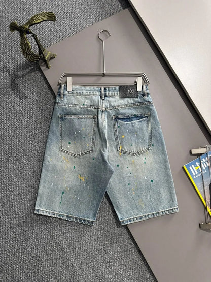 Paint‑Splatter Repair Patch Denim Shorts
