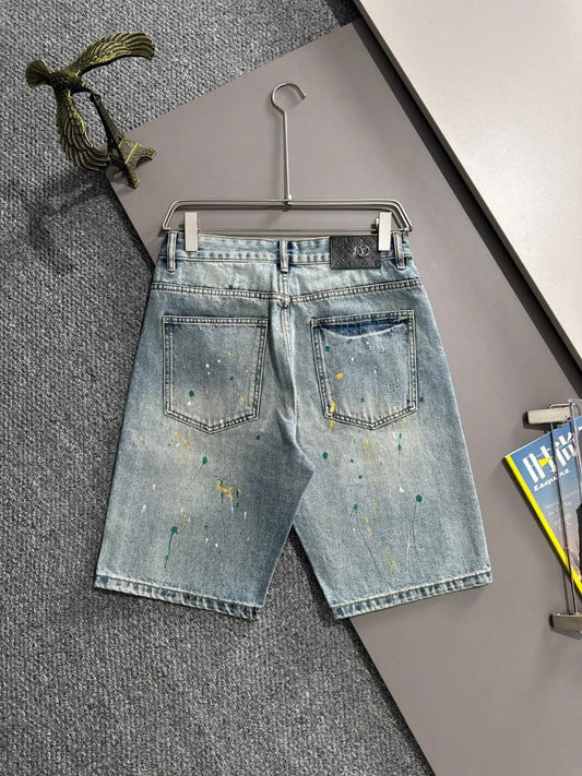 Paint‑Splatter Repair Patch Denim Shorts