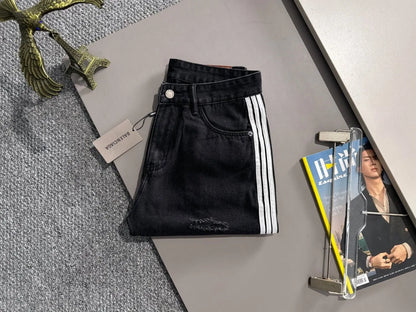 Side Stripe Frayed Hem Ripped Denim Shorts