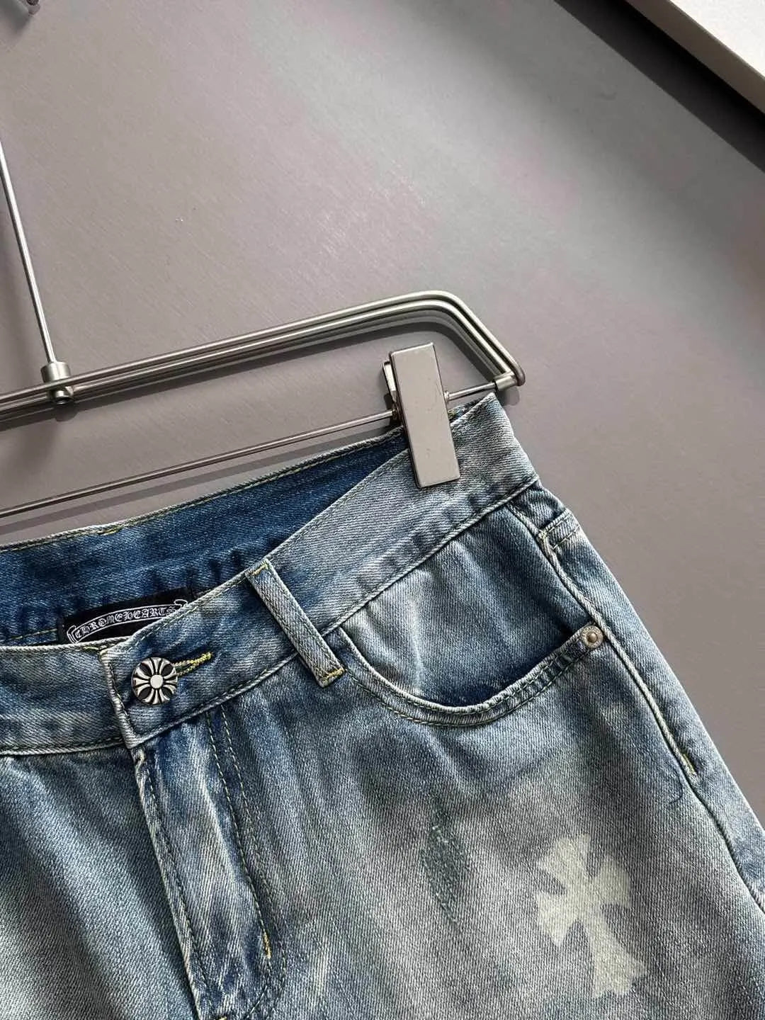 Cross Print Distressed Denim Shorts