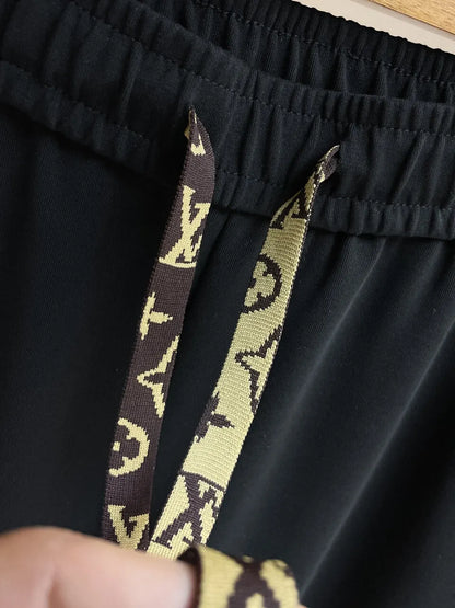 Monogram Drawstring Color‑Stripe Wide‑Leg Pants