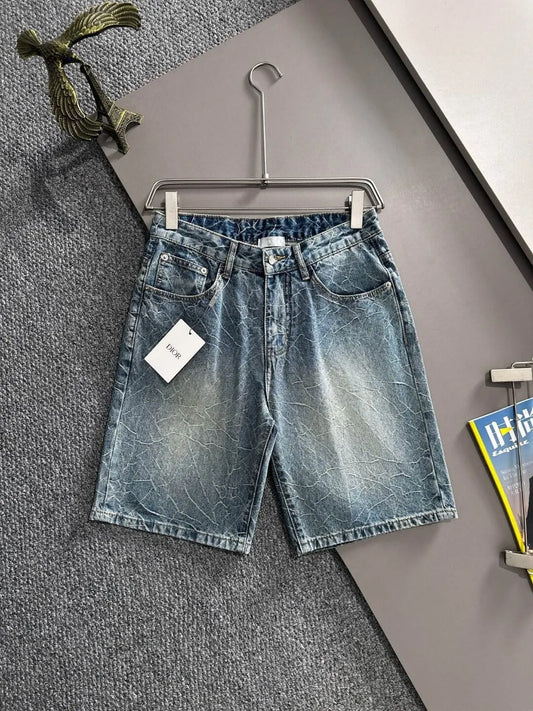 Cracked Texture Washed Denim Shorts