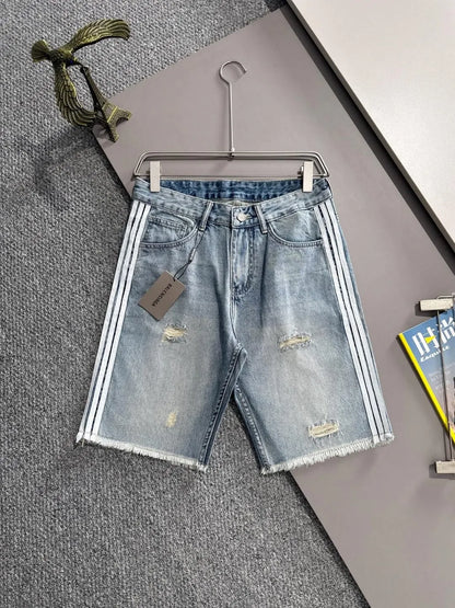 Side Stripe Frayed Hem Ripped Denim Shorts