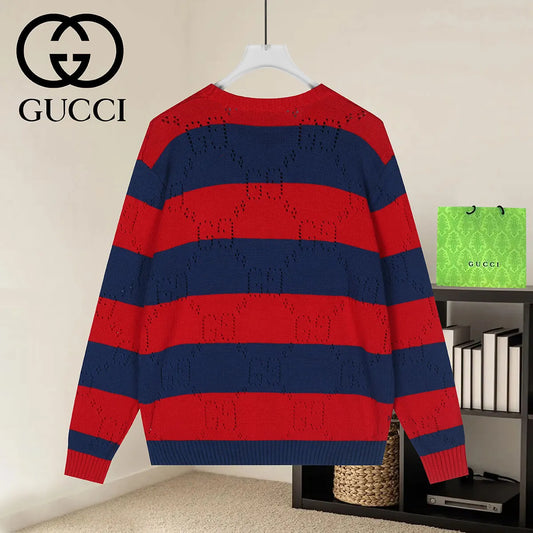 Red & Navy Stripe Crew Neck Knit Sweater
