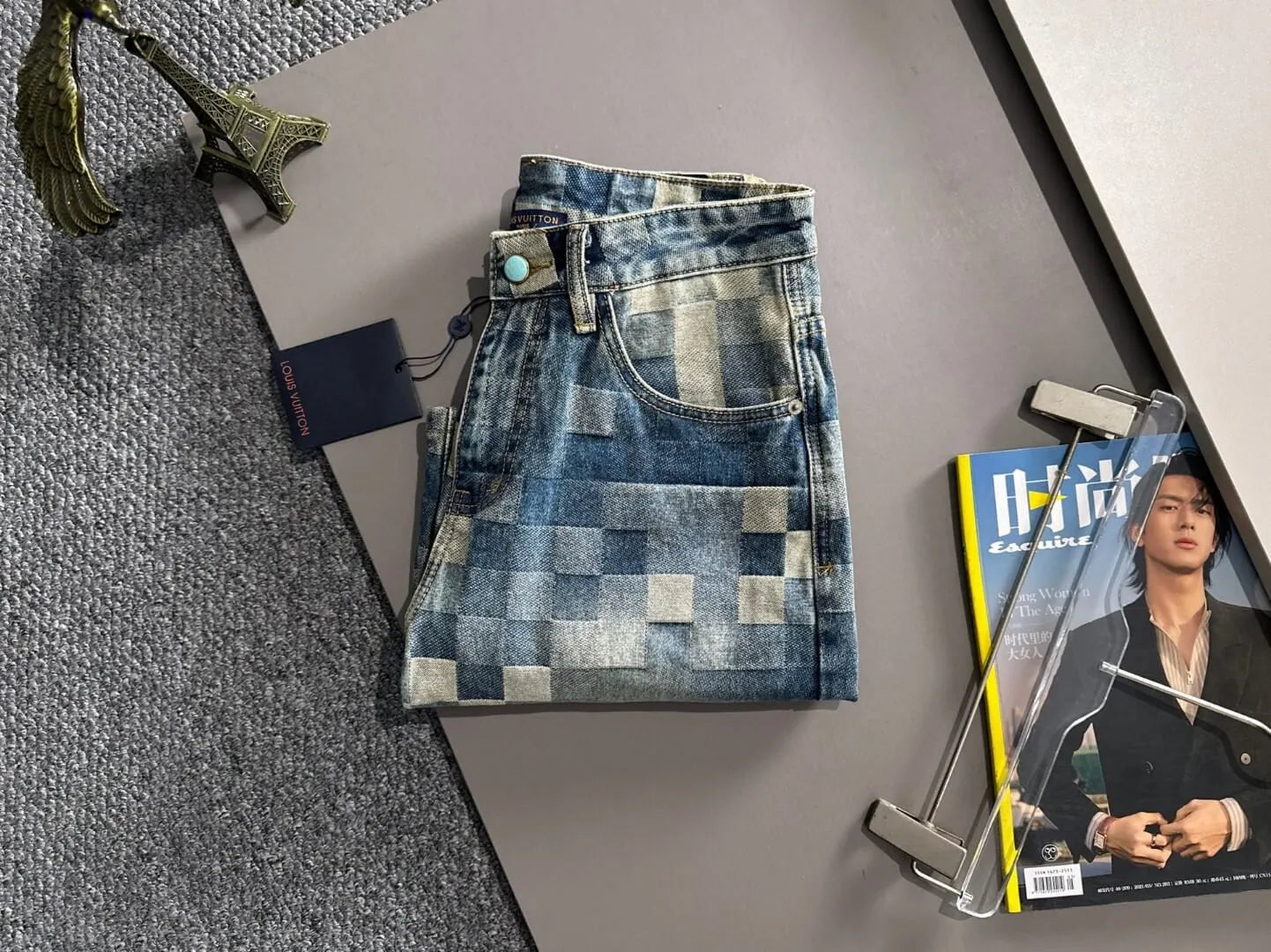 Plaid Checkered Jacquard Denim Shorts