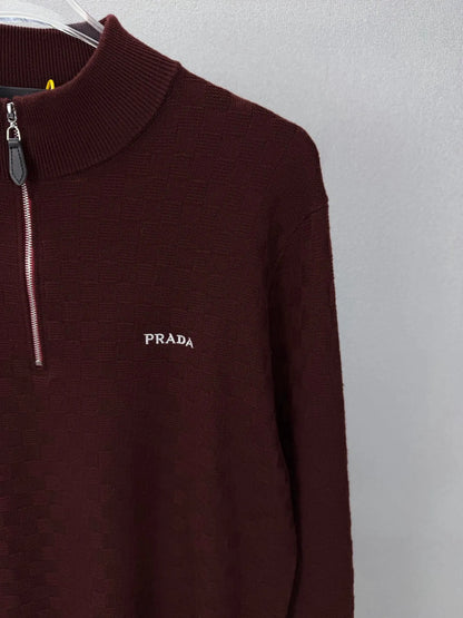 Embroidery  Checker Half Zip Knit Sweater