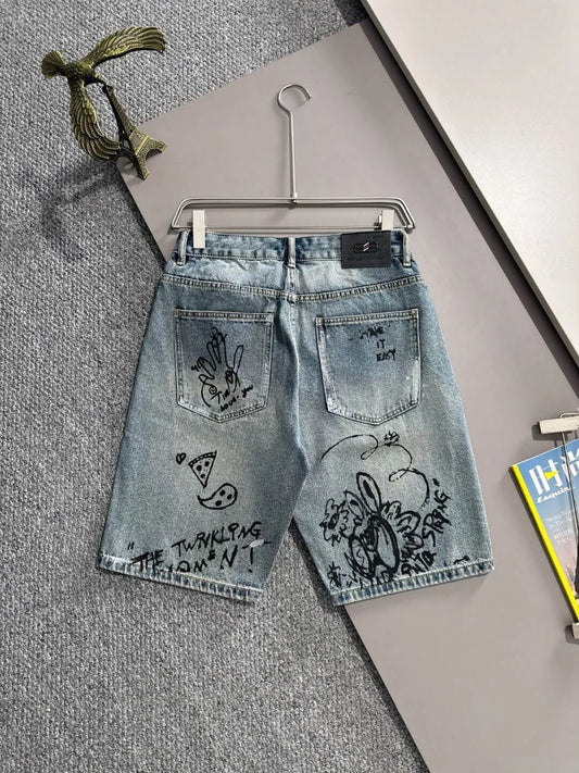 Cartoon Graffiti Print Denim Shorts