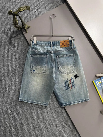 Abstract Embroidery Distressed Denim Shorts
