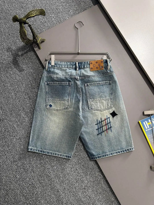 Abstract Embroidery Distressed Denim Shorts