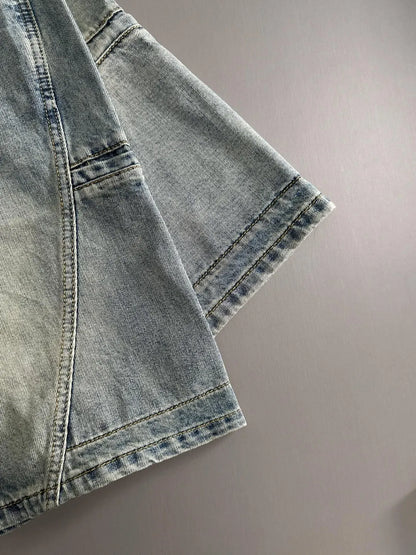 Cargo Pocket Stitching Washed Denim Shorts