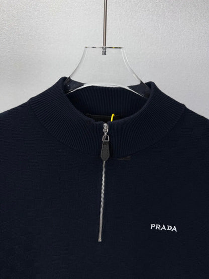 Embroidery  Checker Half Zip Knit Sweater