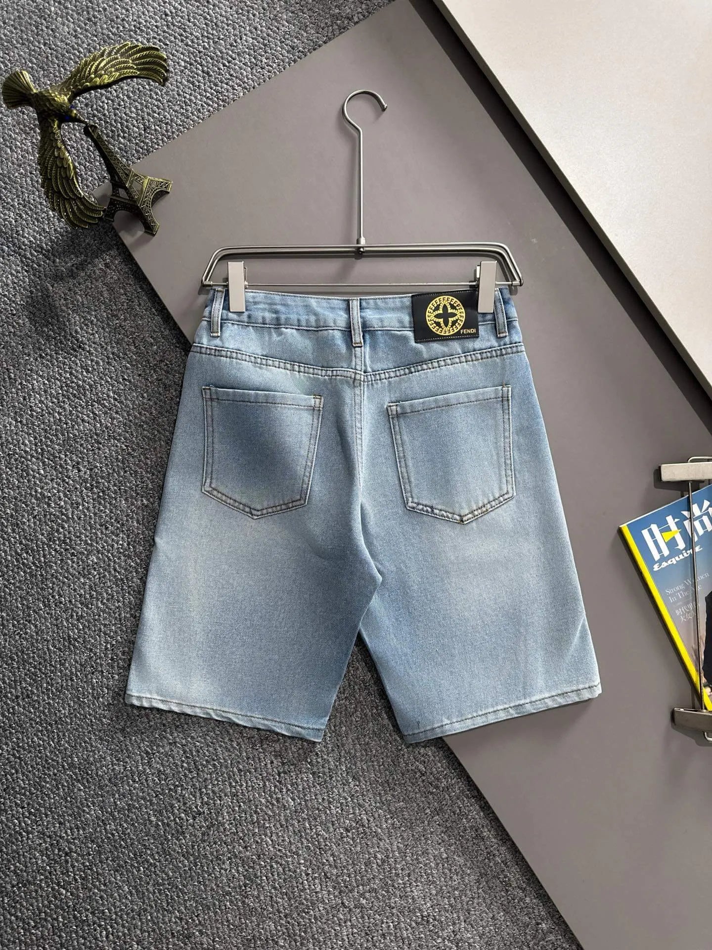Side Jacquard Panel Denim Shorts