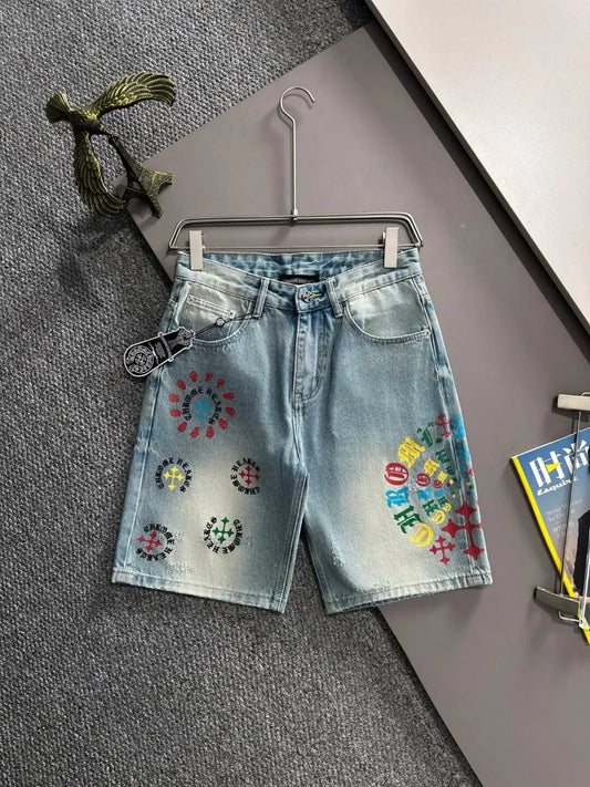 Colorful Cross Print Washed Denim Shorts