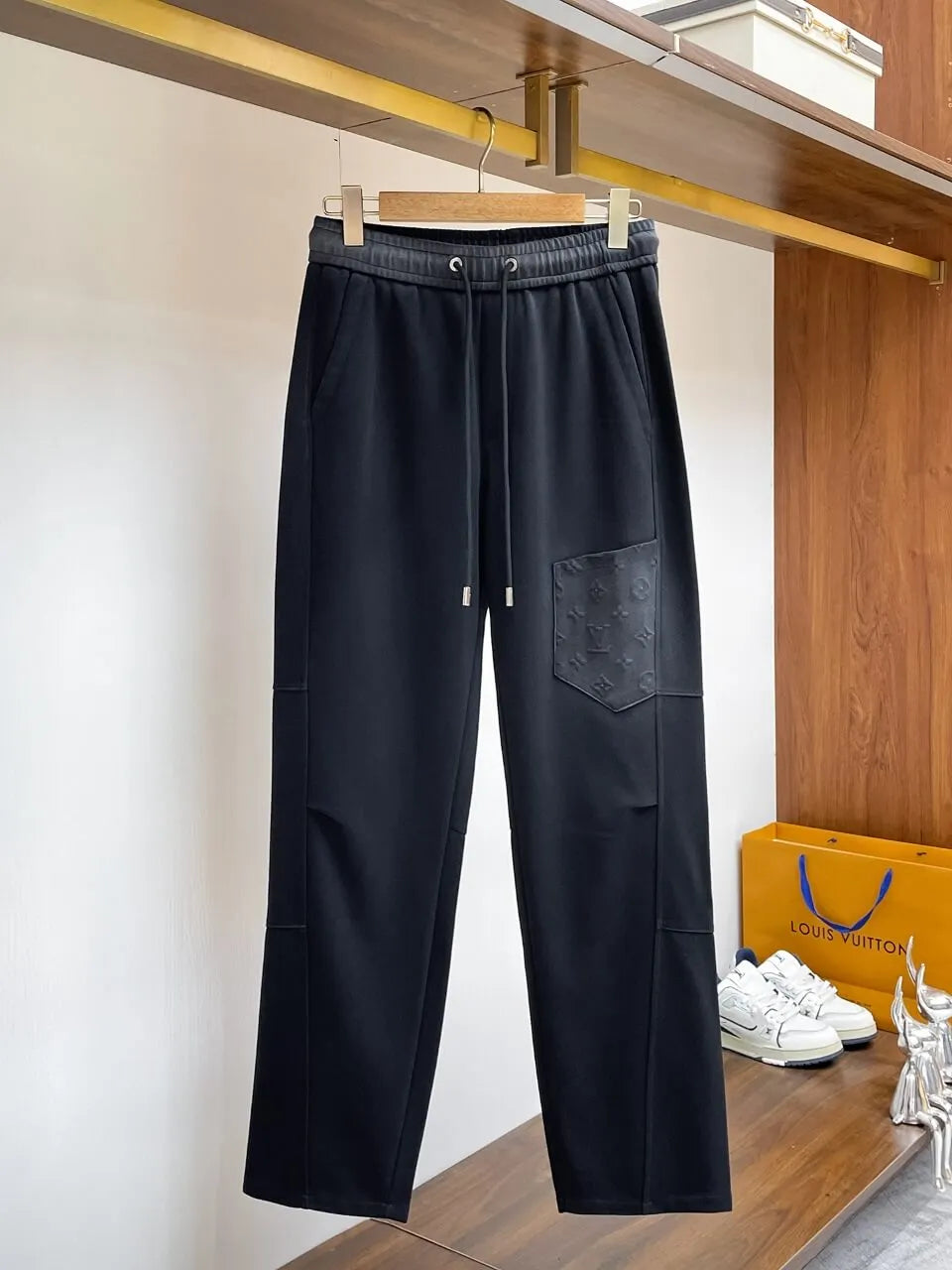 Embossed Monogram Patch Pocket Straight‑Leg Pants
