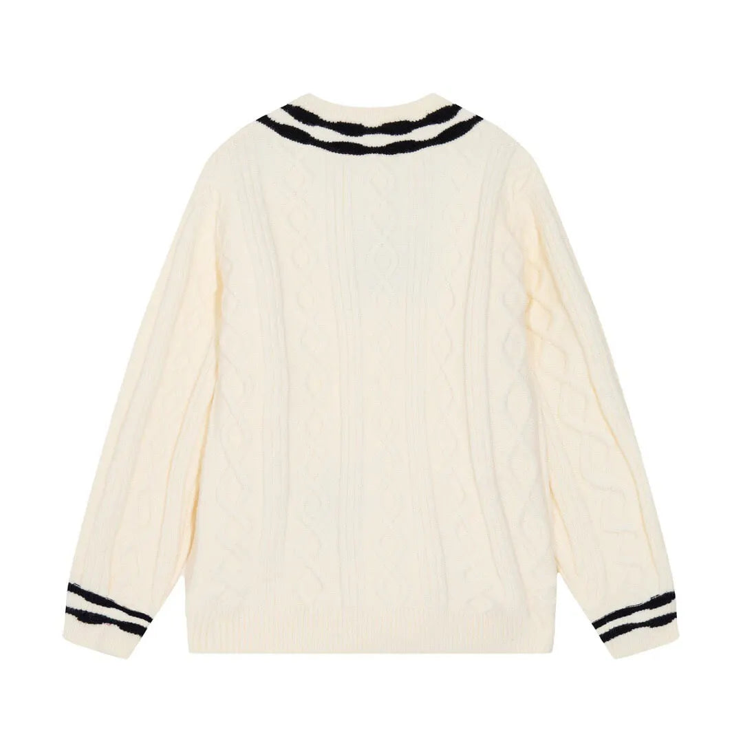 Cable‑Knit V‑Neck Striped Sweater